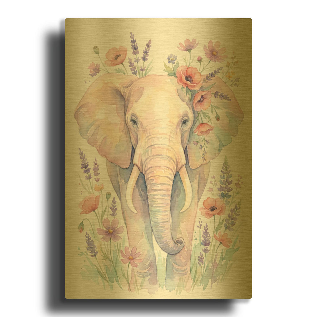 'Soft Pastel Watercolor Elephant with Wildflowers' By Ann Klee Gold Metal Wall Art