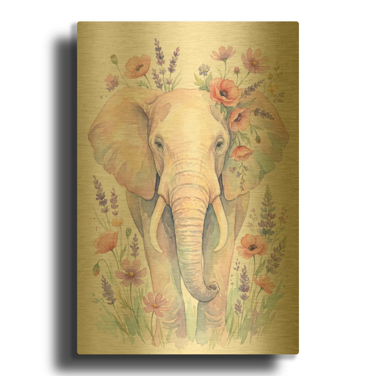 'Soft Pastel Watercolor Elephant with Wildflowers' By Ann Klee Gold Metal Wall Art