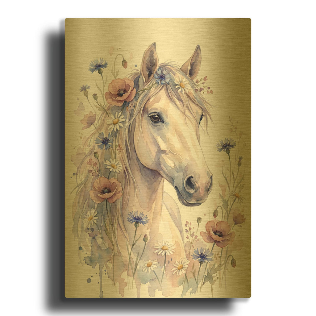 'Soft Pastel Watercolor Horse with Wildflowers' By Ann Klee Gold Metal Wall Art