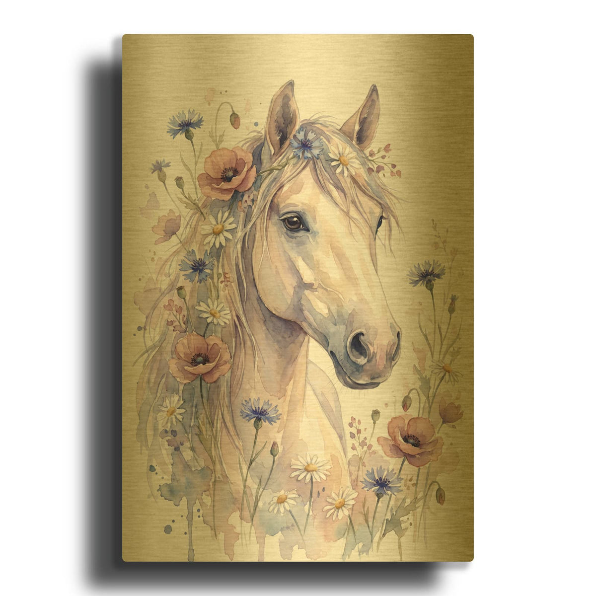 'Soft Pastel Watercolor Horse with Wildflowers' By Ann Klee Gold Metal Wall Art