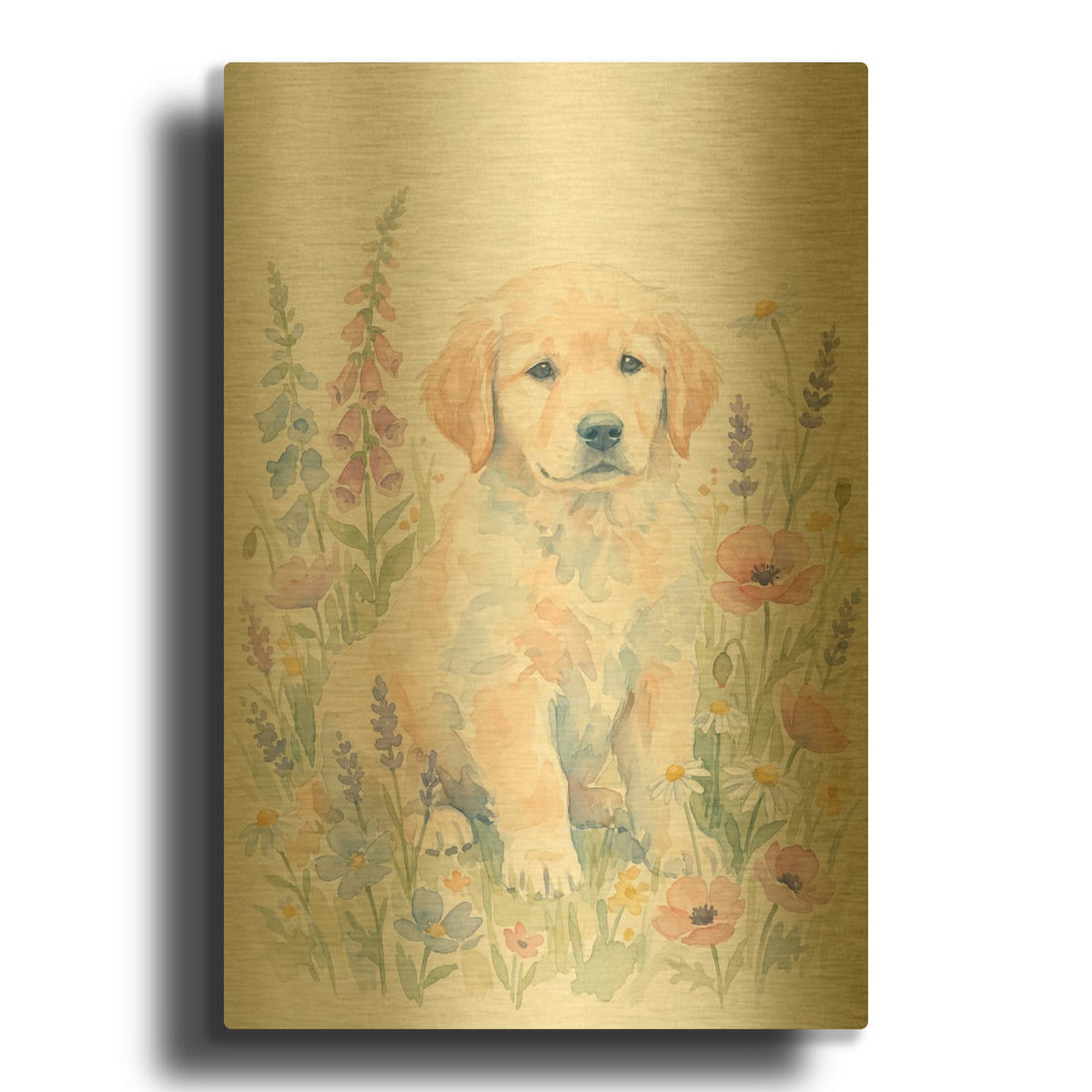 'Soft Pastel Watercolor Puppy with Wildflowers' By Ann Klee Gold Metal Wall Art