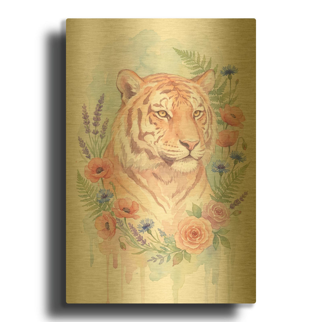 'Soft Pastel Watercolor Tiger with Wildflowers' By Ann Klee Gold Metal Wall Art