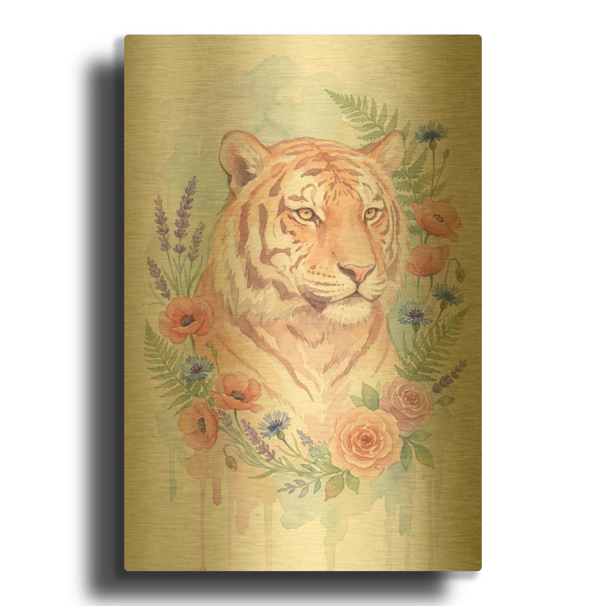 'Soft Pastel Watercolor Tiger with Wildflowers' By Ann Klee Gold Metal Wall Art