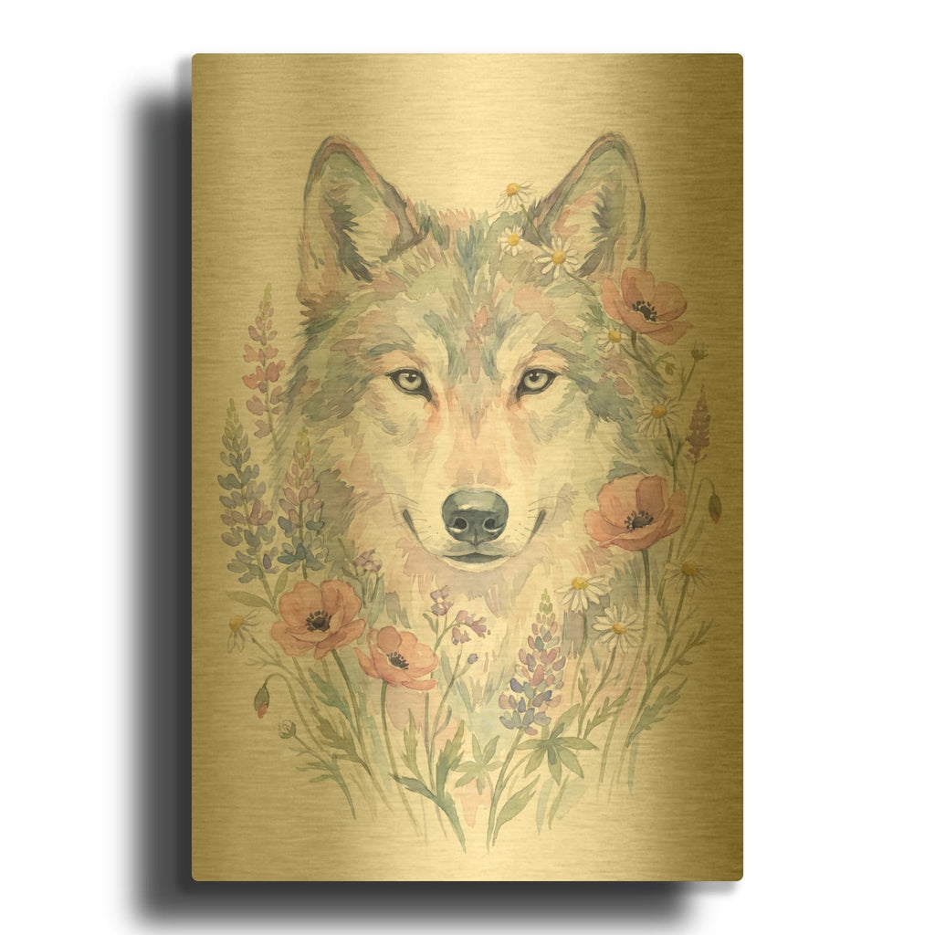 'Soft Pastel Watercolor Wolf with Wildflowers' By Ann Klee Gold Metal Wall Art