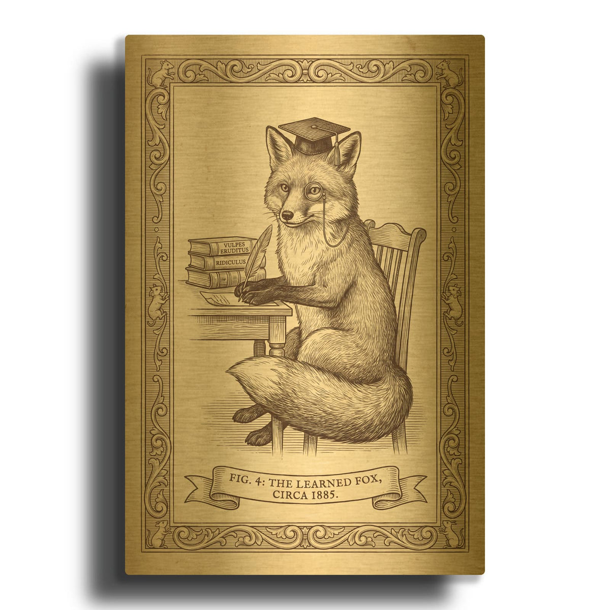 'Funny Fox Antique Scientific Engraving 2' By Ann Klee Gold Metal Wall Art
