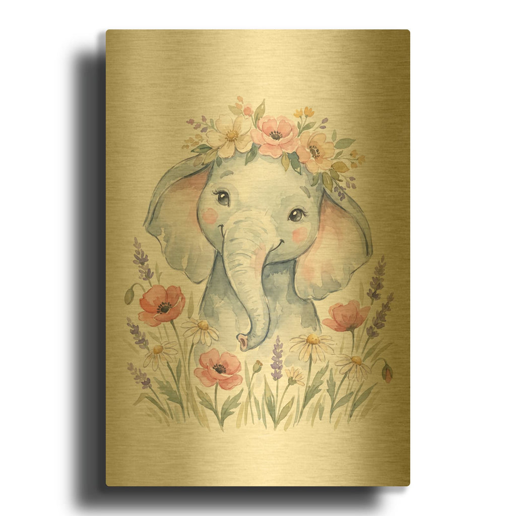 'Soft Pastel Watercolor Baby Elephant with Wildflowers' By Ann Klee Gold Metal Wall Art