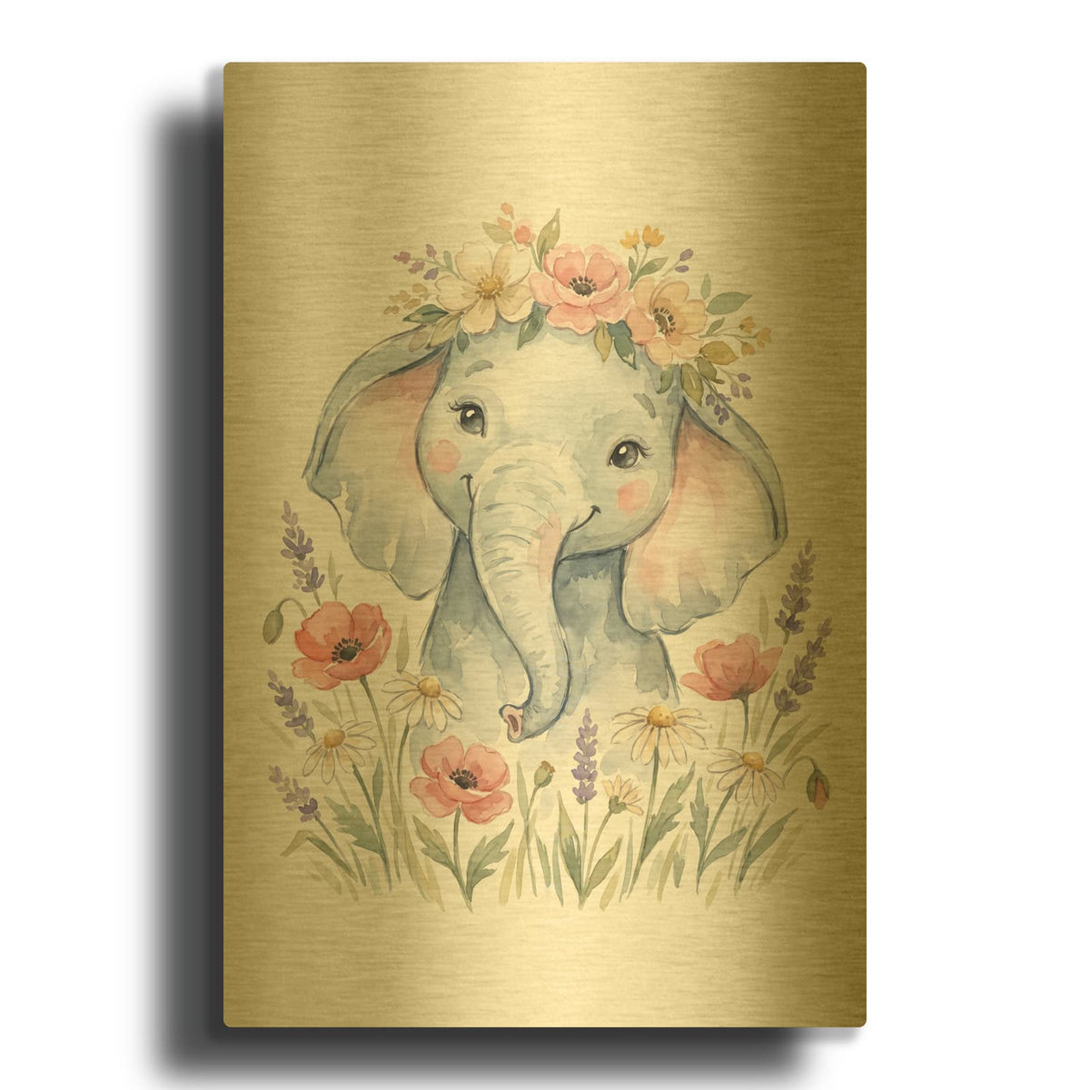 'Soft Pastel Watercolor Baby Elephant with Wildflowers' By Ann Klee Gold Metal Wall Art