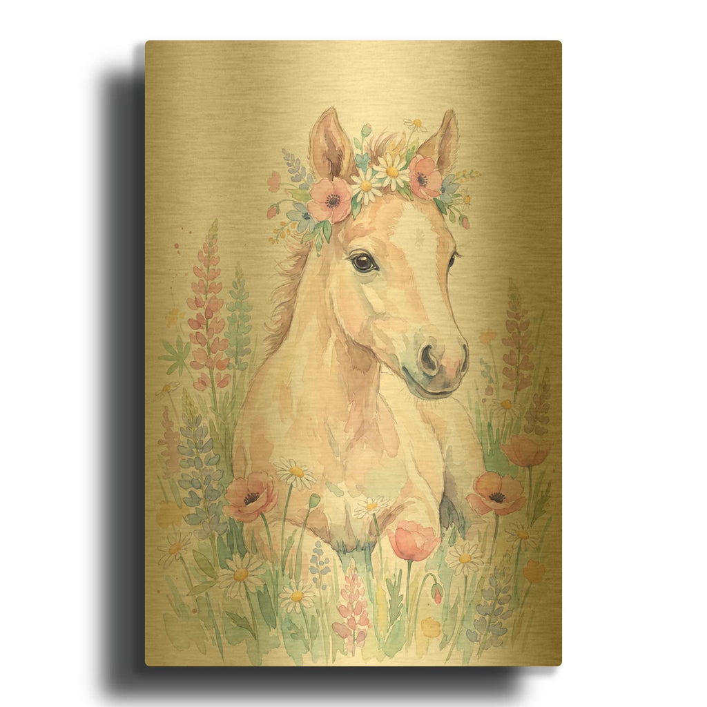'Soft Pastel Watercolor Baby Horse with Wildflowers' By Ann Klee Gold Metal Wall Art