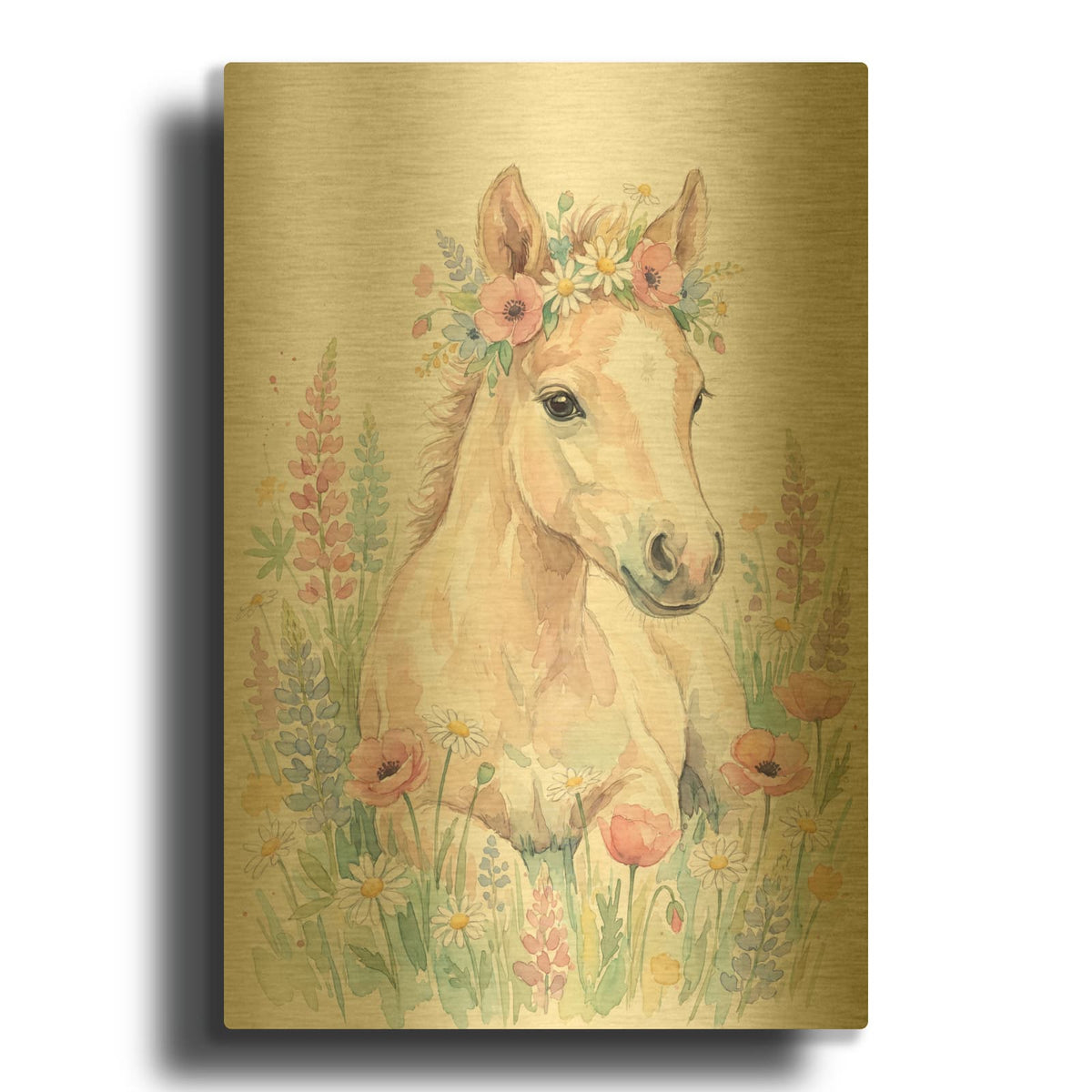 'Soft Pastel Watercolor Baby Horse with Wildflowers' By Ann Klee Gold Metal Wall Art