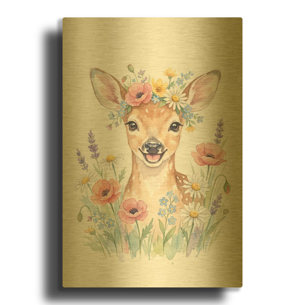 'Soft Pastel Watercolor Baby Deer' By Ann Klee Gold Metal Wall Art