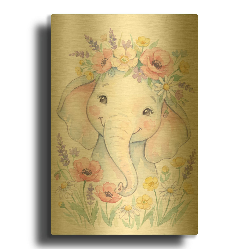 'Soft Pastel Watercolor Baby Elephant' By Ann Klee Gold Metal Wall Art