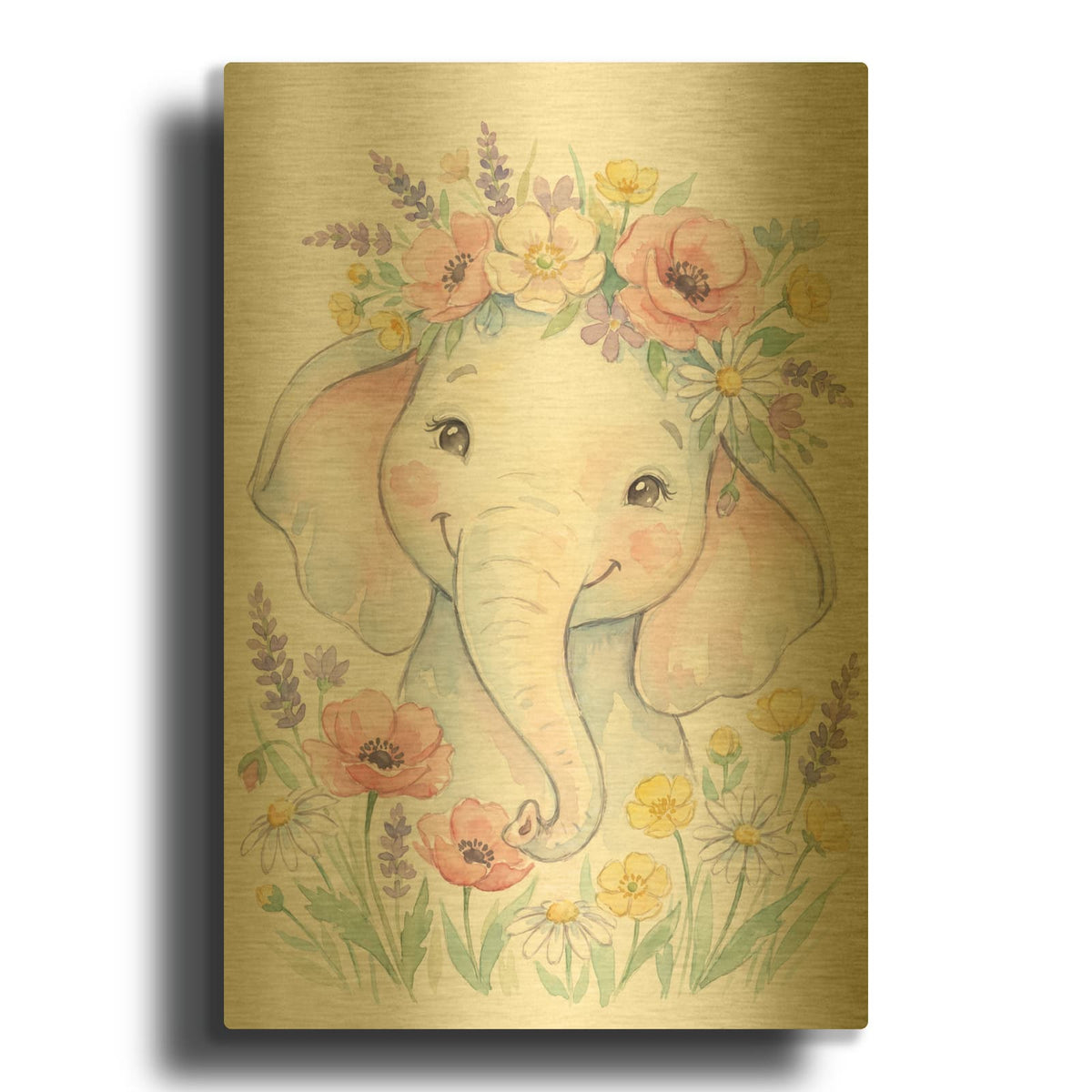 'Soft Pastel Watercolor Baby Elephant' By Ann Klee Gold Metal Wall Art