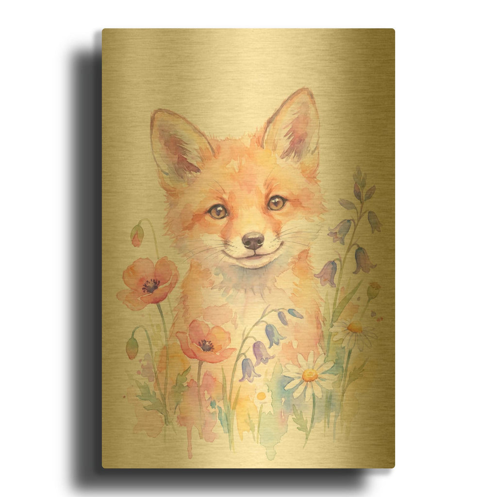 'Soft Pastel Watercolor Baby Fox' By Ann Klee Gold Metal Wall Art