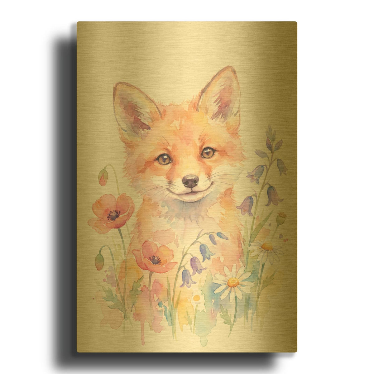 'Soft Pastel Watercolor Baby Fox' By Ann Klee Gold Metal Wall Art