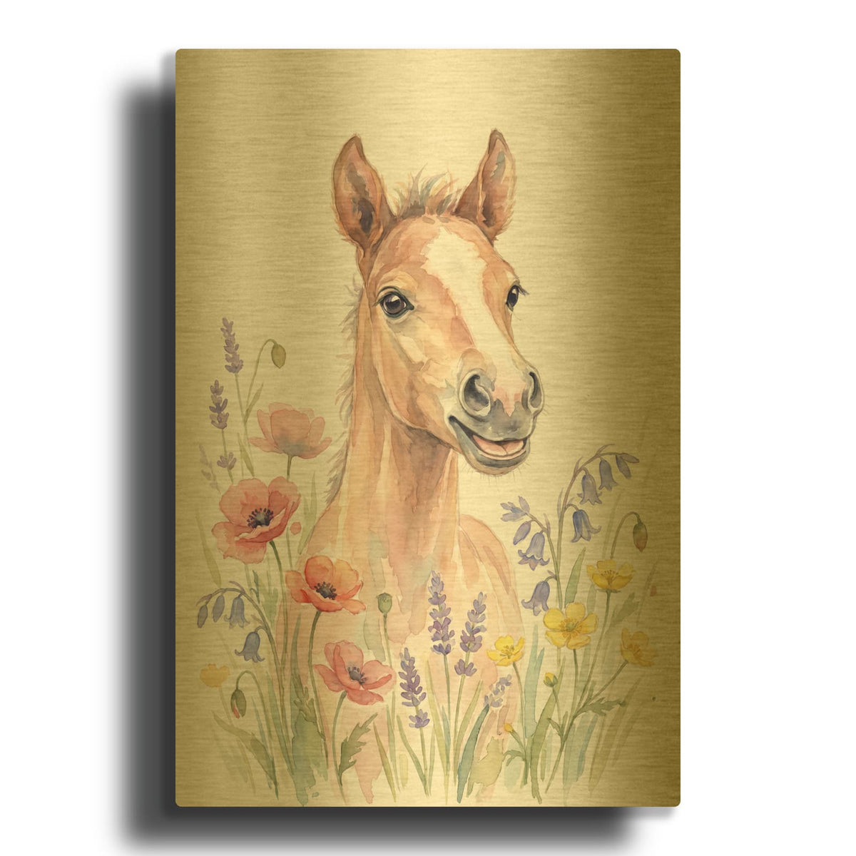 'Soft Pastel Watercolor Baby Horse 1' By Ann Klee Gold Metal Wall Art