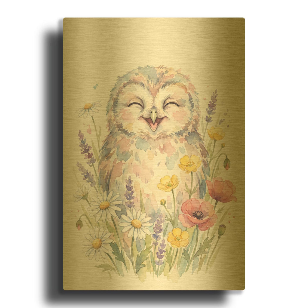 'Soft Pastel Watercolor Baby Owl' By Ann Klee Gold Metal Wall Art