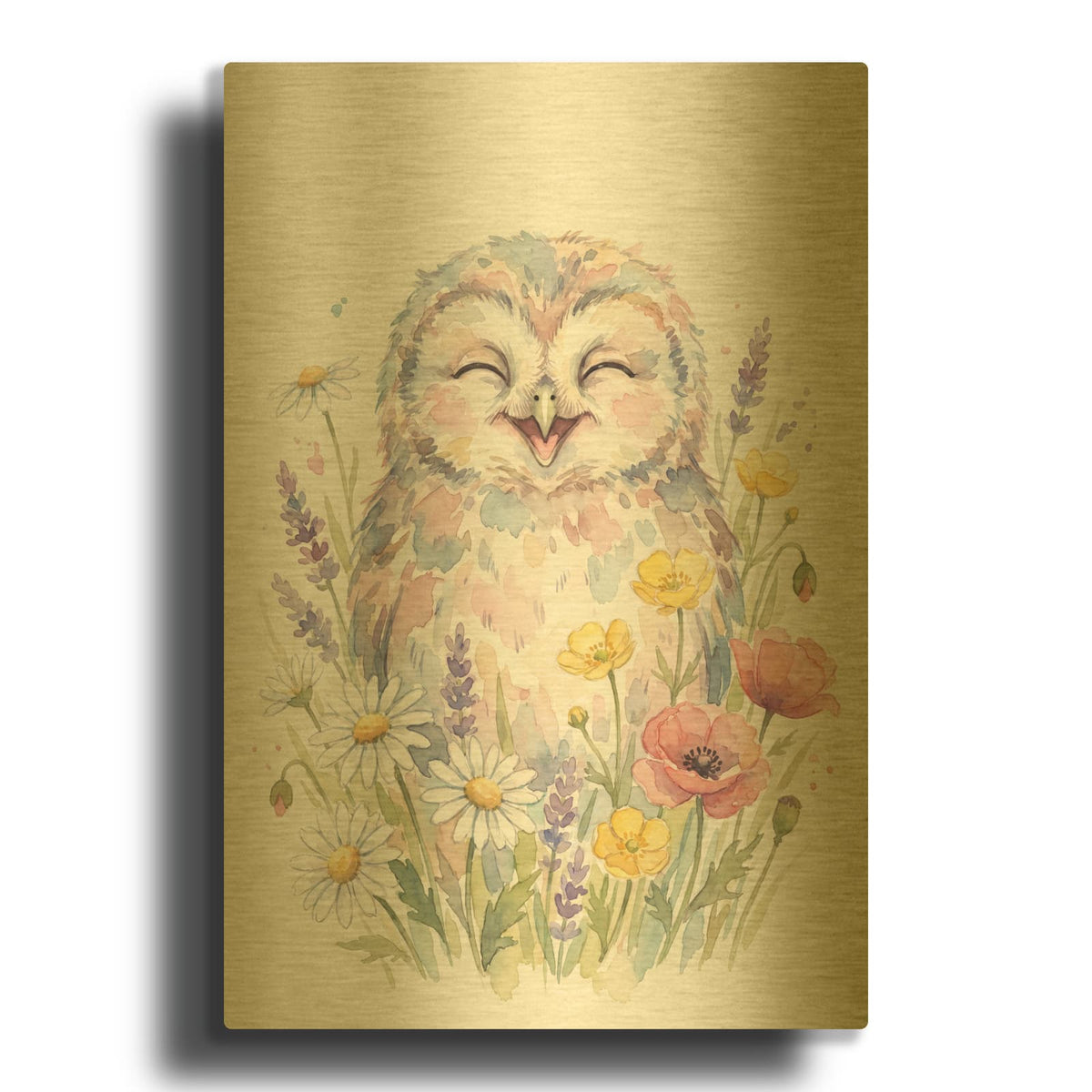 'Soft Pastel Watercolor Baby Owl' By Ann Klee Gold Metal Wall Art
