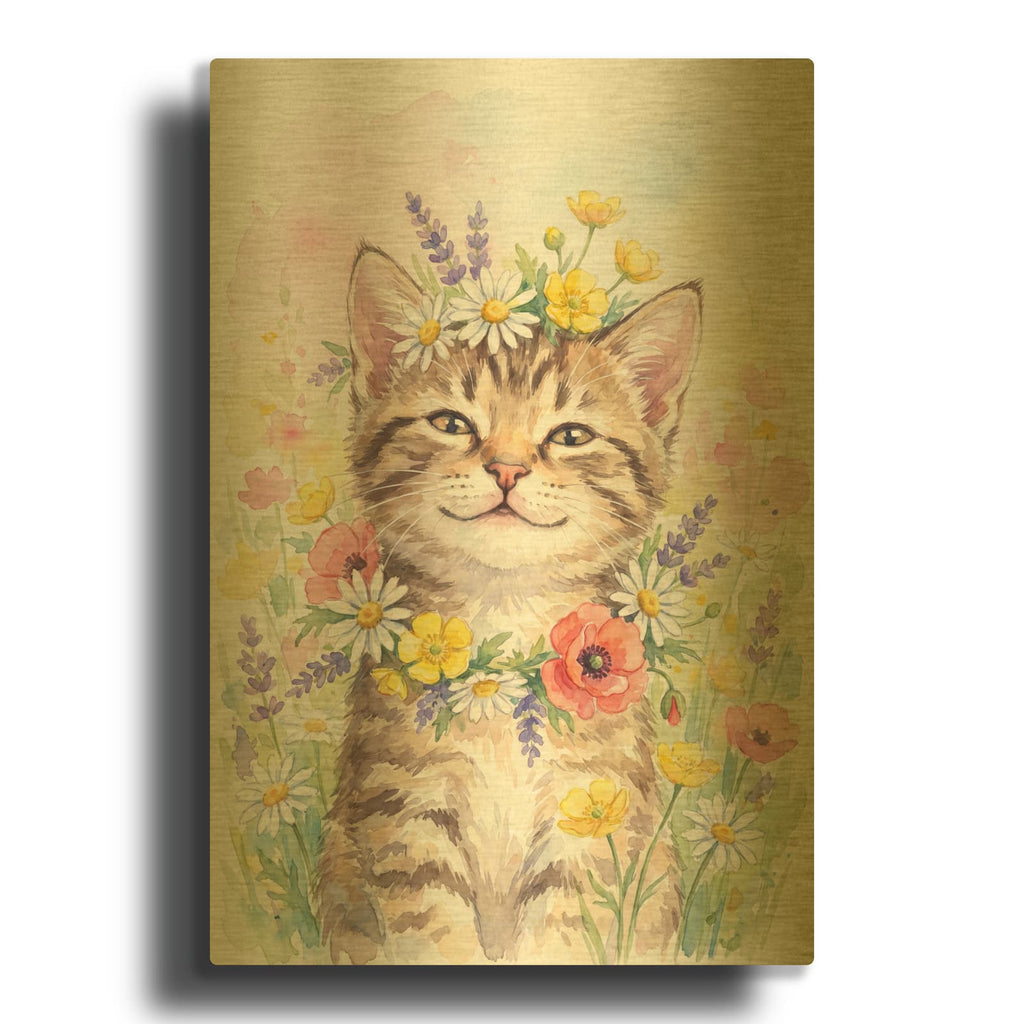 'Soft Pastel Watercolor Kitty With Wildflowers' By Ann Klee Gold Metal Wall Art