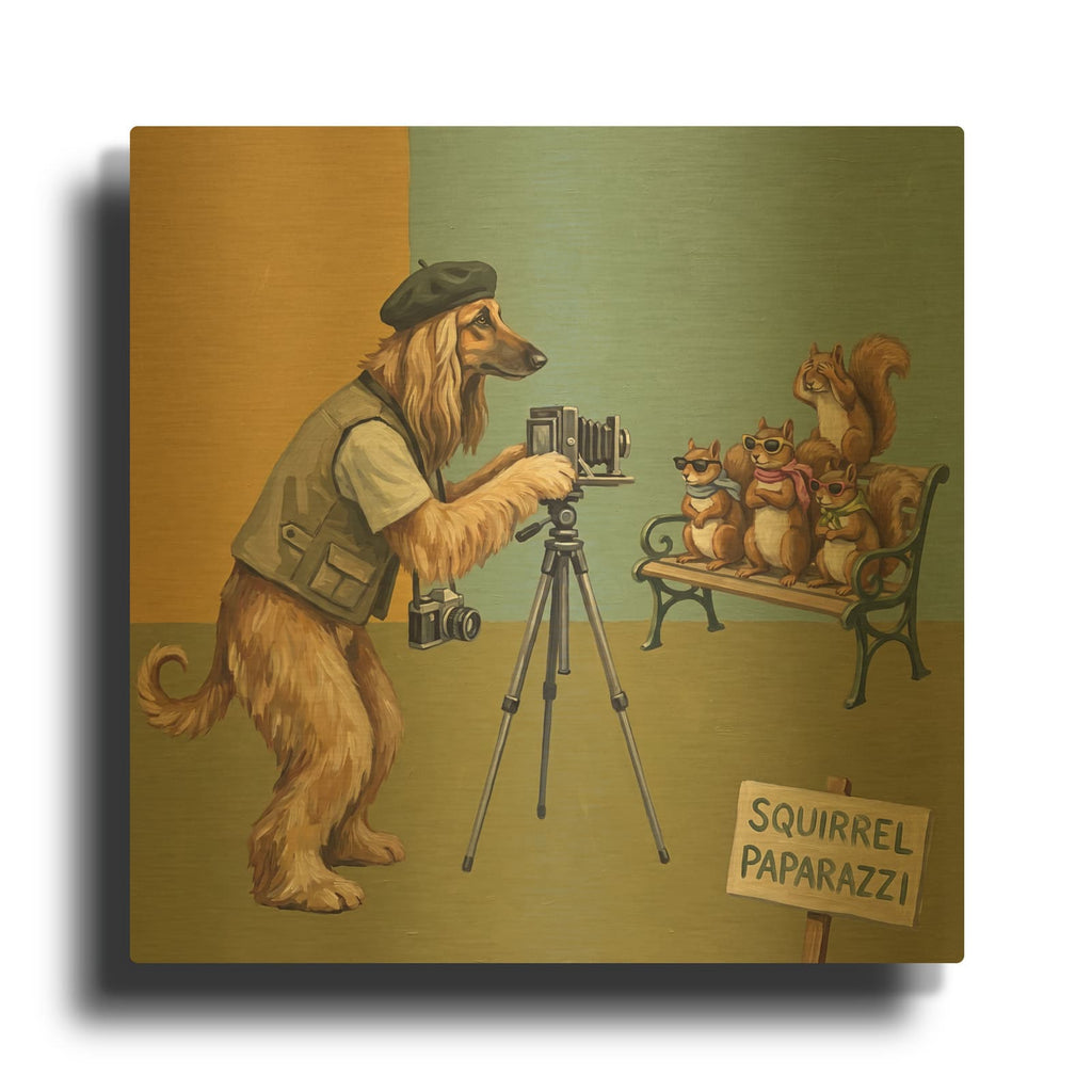 'Afghan Hound Photographer -Squirrel Paparazzi' By Ann Klee Gold Metal Wall Art