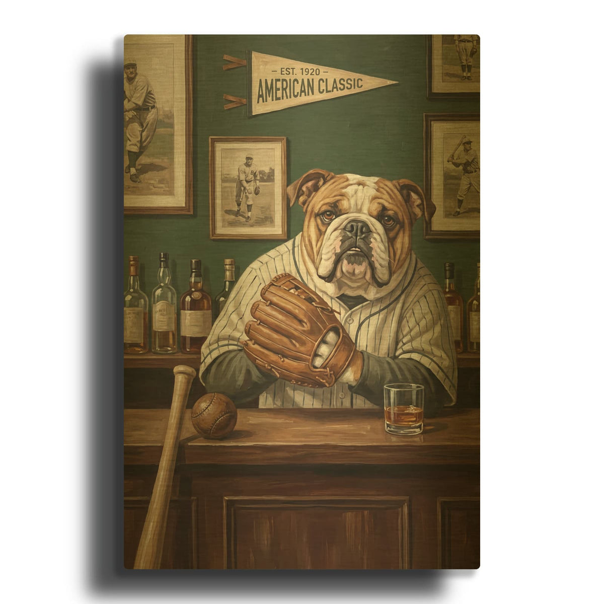 'American Classic Baseball Bulldog' By Ann Klee Gold Metal Wall Art