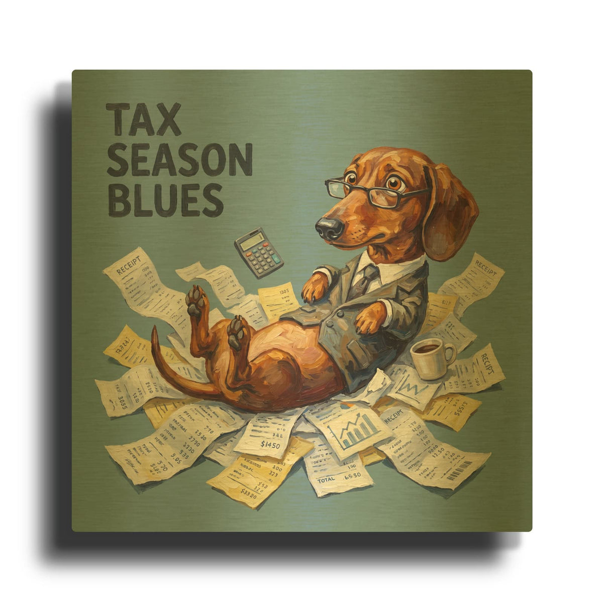 'Dachshund Tax Season Blues' By Ann Klee Gold Metal Wall Art
