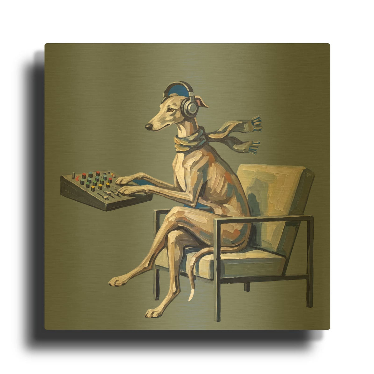 'DJ Greyhound' By Ann Klee Gold Metal Wall Art
