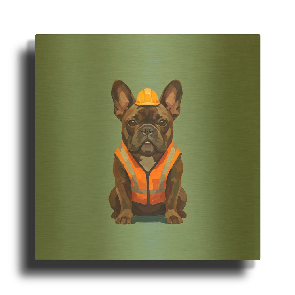'French Bulldog Construction Worker' By Ann Klee Gold Metal Wall Art