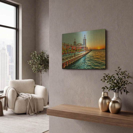 'Chicago Navypier Sunrise' By Larry Malvin Gold Metal Wall Art