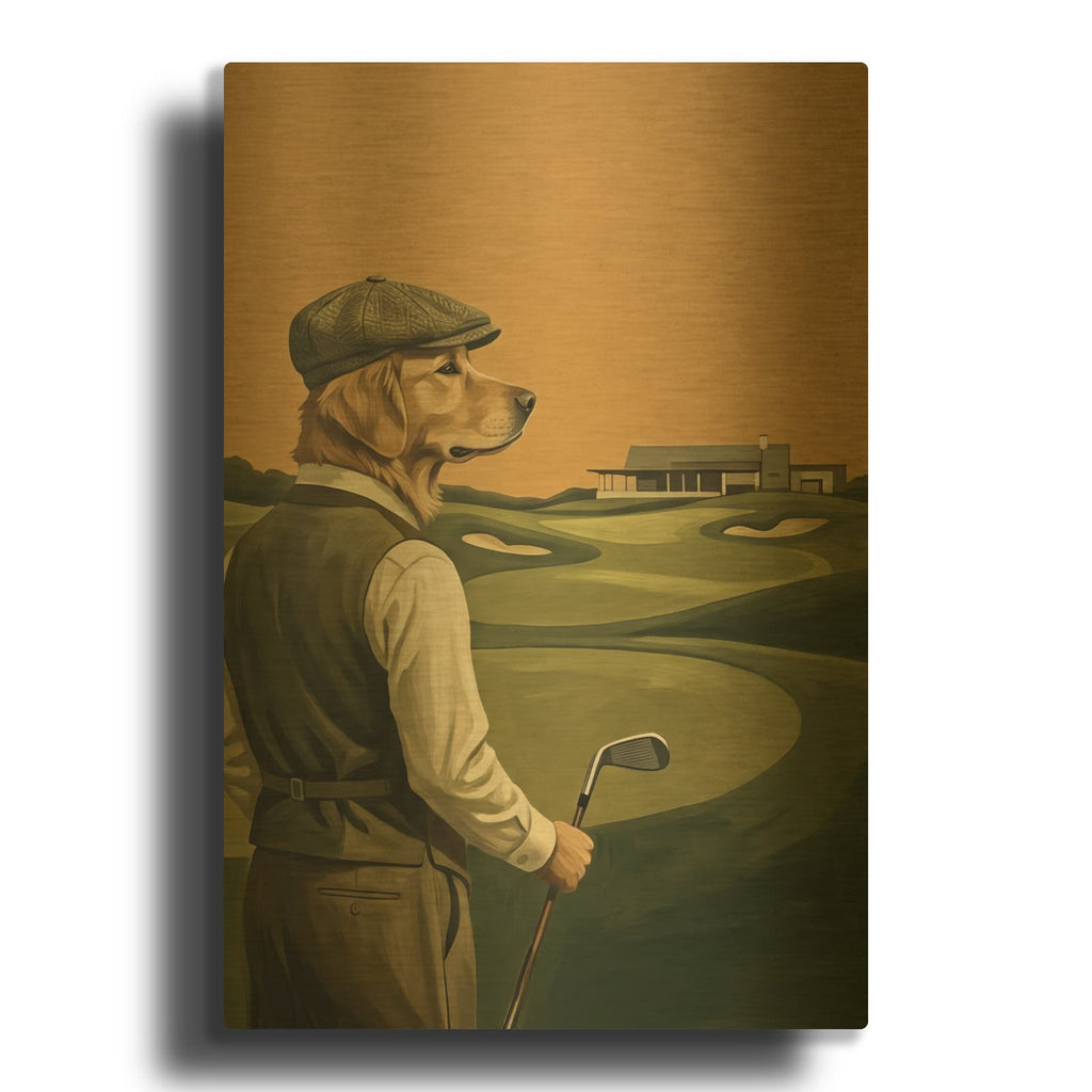 'Golden Retriever Golfer' By Ann Klee Gold Metal Wall Art