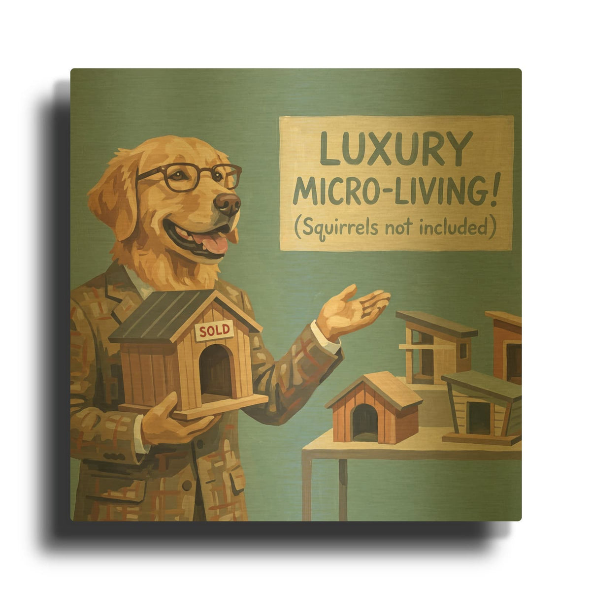 'Golden Retriever Realtor Luxury Micro Living Squirrels Not Included' By Ann Klee Gold Metal Wall Art