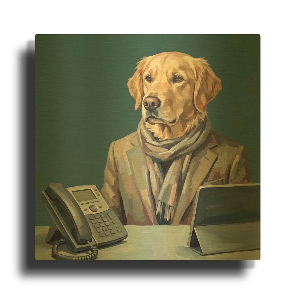 'Golden Retriever Receptionist' By Ann Klee Gold Metal Wall Art