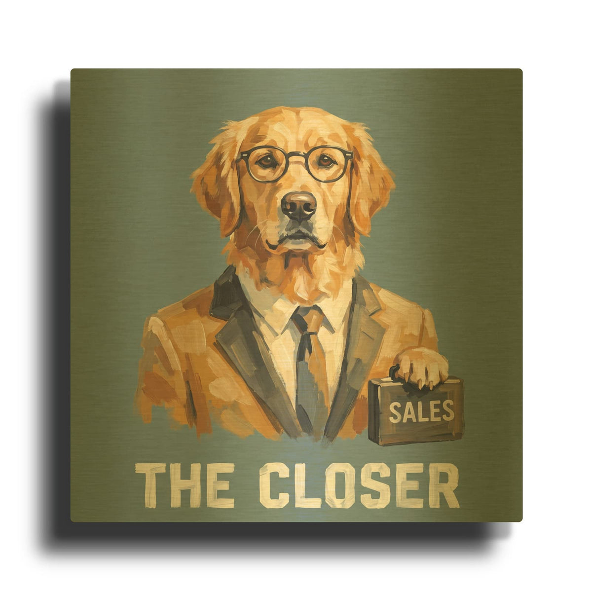 'Golden Retriever Salesman' By Ann Klee Gold Metal Wall Art