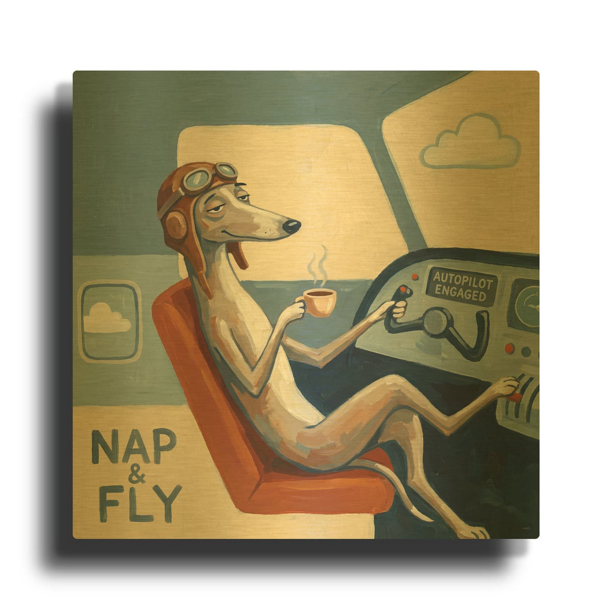 'Greyhound Dog Travel Co. Autopilot Engaged' By Ann Klee Gold Metal Wall Art