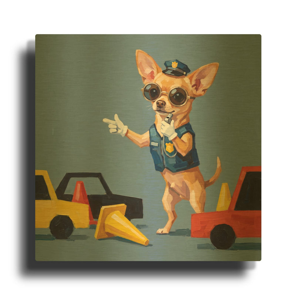 'Mr. Chihuahua, Traffic Officer' By Ann Klee Gold Metal Wall Art