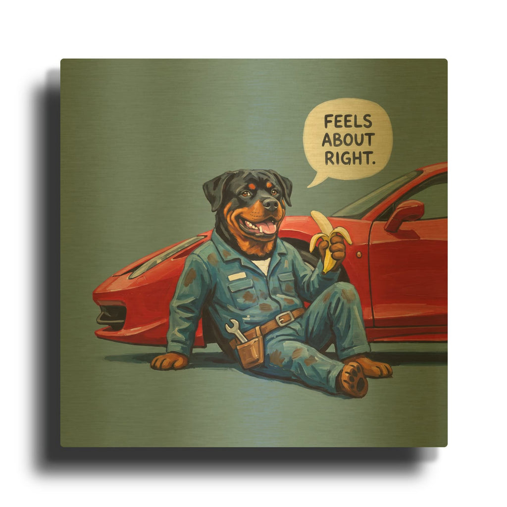 'Rottweiler Mechanic' By Ann Klee Gold Metal Wall Art