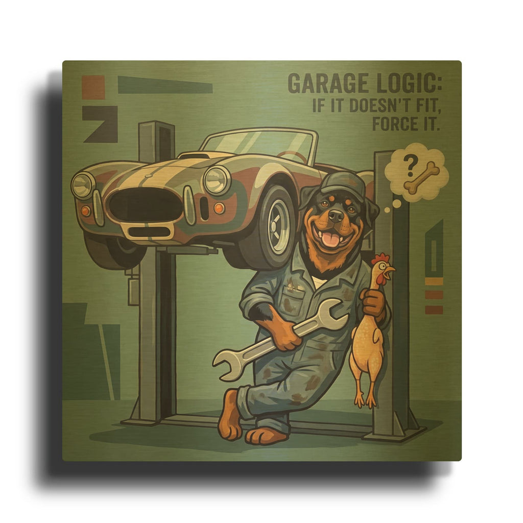 'Rotweiler Mechanic' By Ann Klee Gold Metal Wall Art