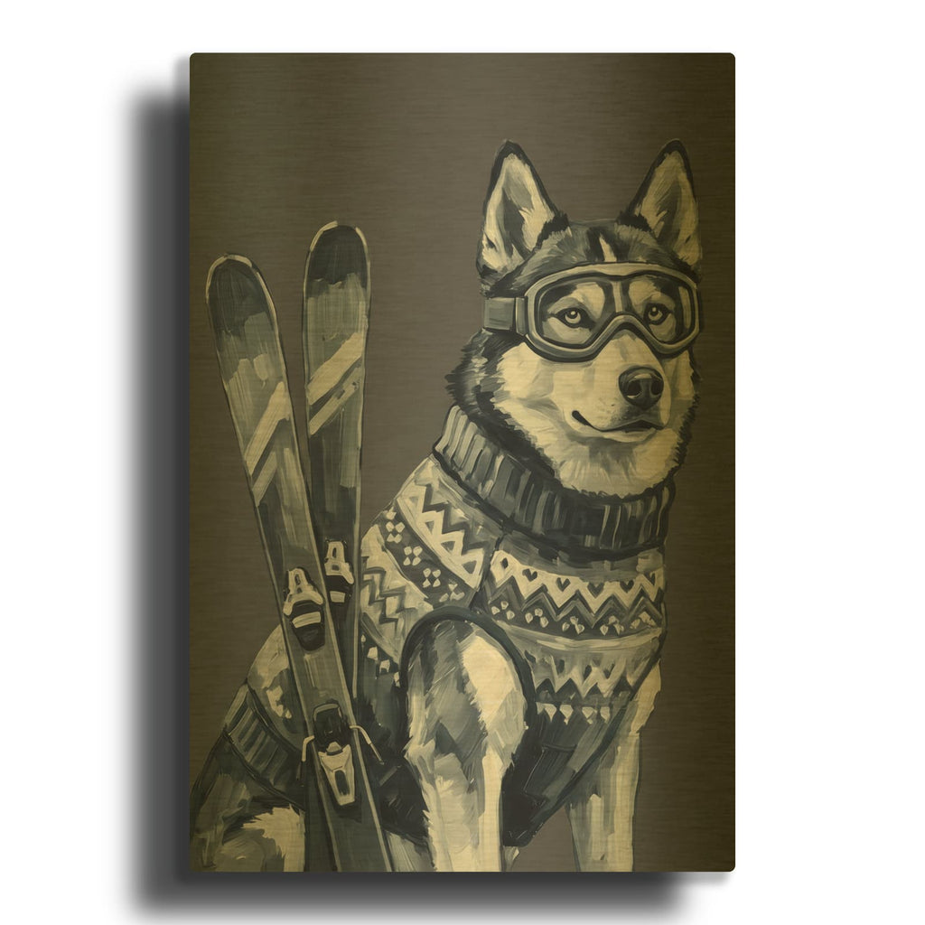 'Skiing Husky' By Ann Klee Gold Metal Wall Art