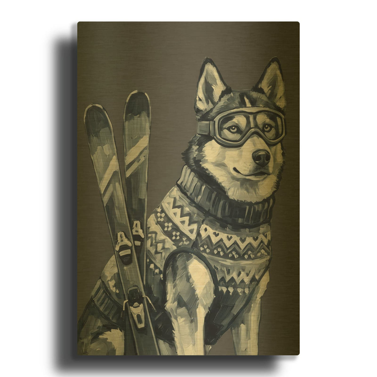 'Skiing Husky' By Ann Klee Gold Metal Wall Art