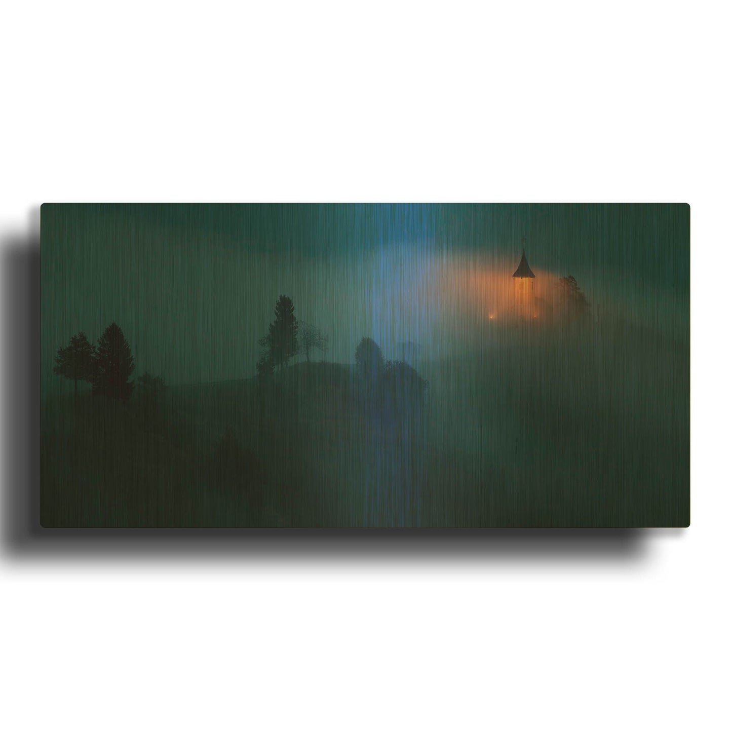'Stprimoz Foggy Trees Church' By Larry Malvin Gold Metal Wall Art