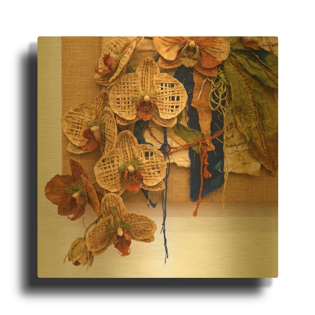'Quilted Architectural Orchids' By Ann Klee Gold Metal Wall Art