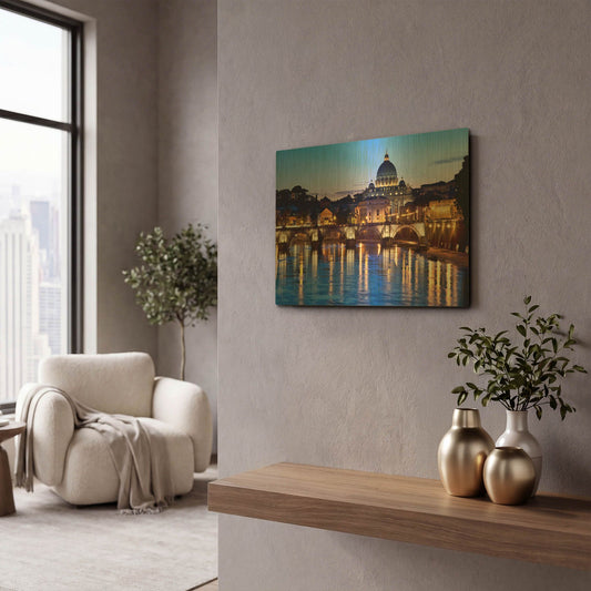 'St Peters Basilica From Tiber' By Larry Malvin Gold Metal Wall Art