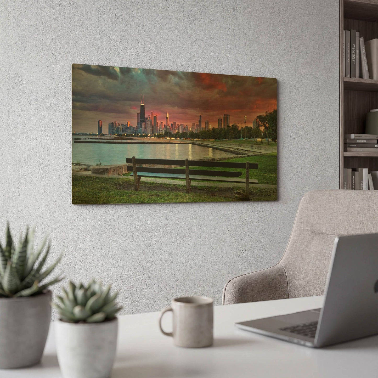 'North Ave Skyline Red Sky' By Larry Malvin Gold Metal Wall Art