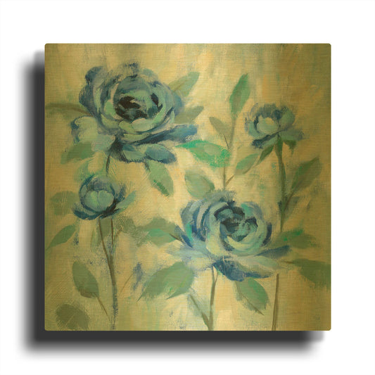'Brushy Blue Flowers I' By Silvia Vassileva Gold Metal Wall Art