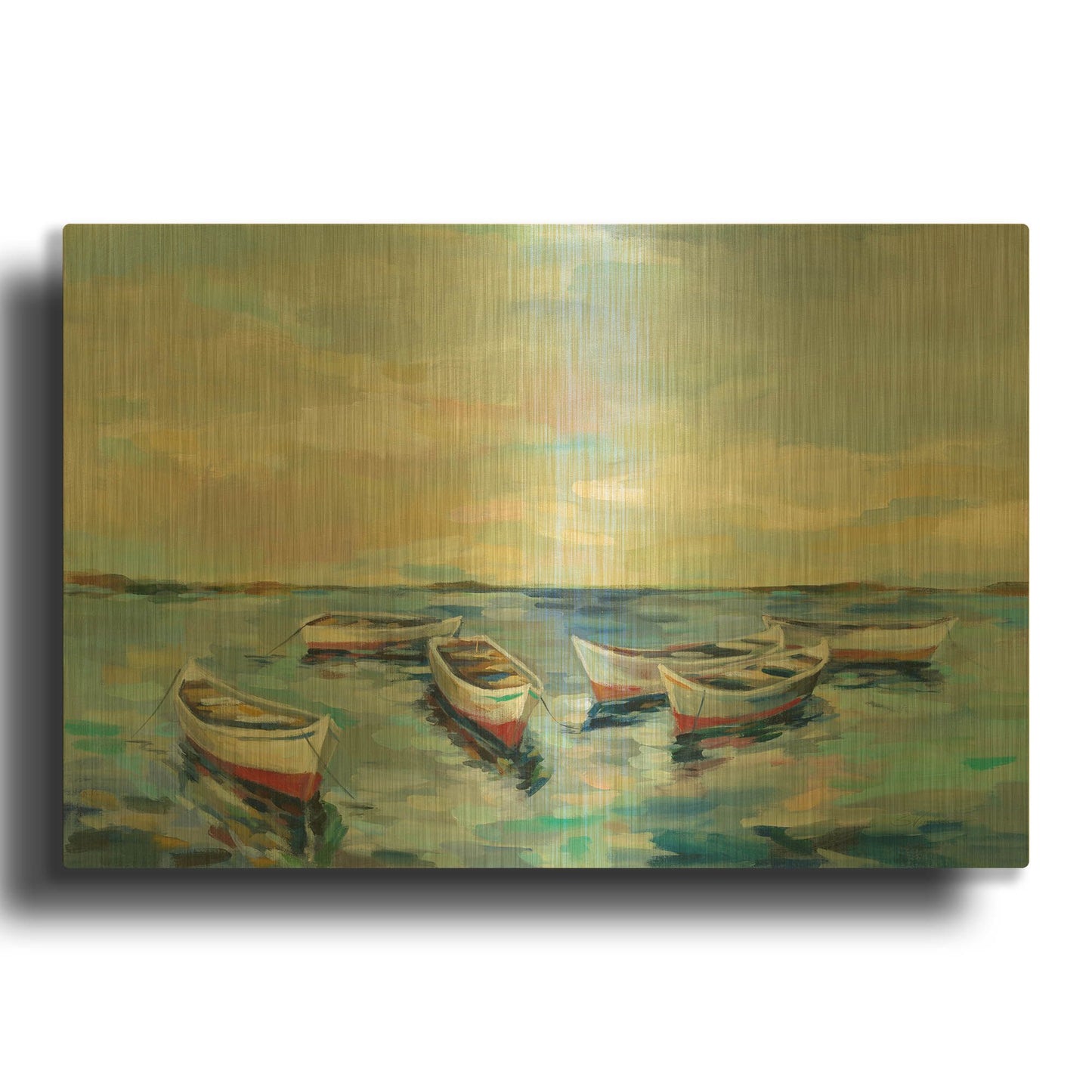 'Coastal View of Boats' By Silvia Vassileva Gold Metal Wall Art