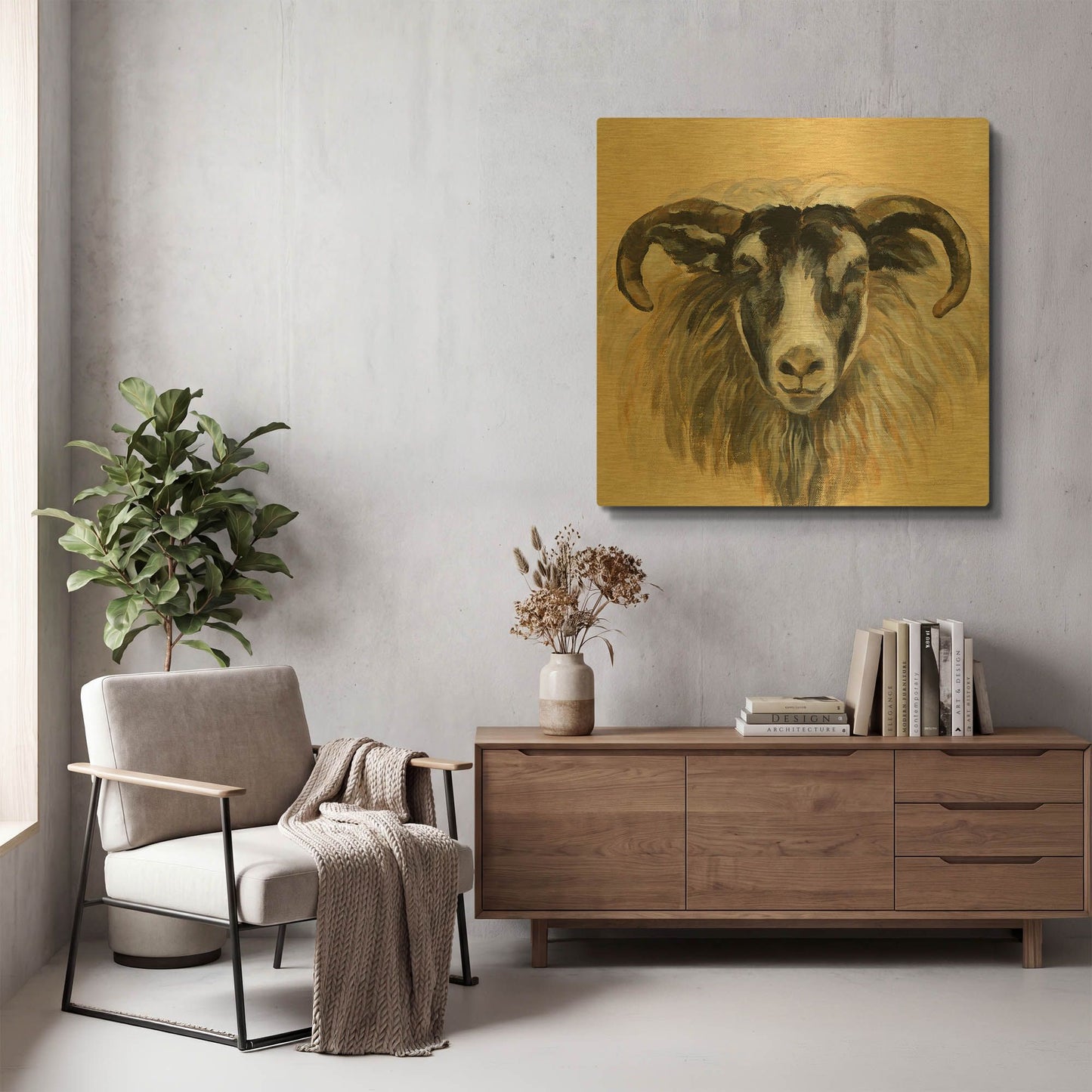 'Highland Animal Ram' By Silvia Vassileva Gold Metal Wall Art