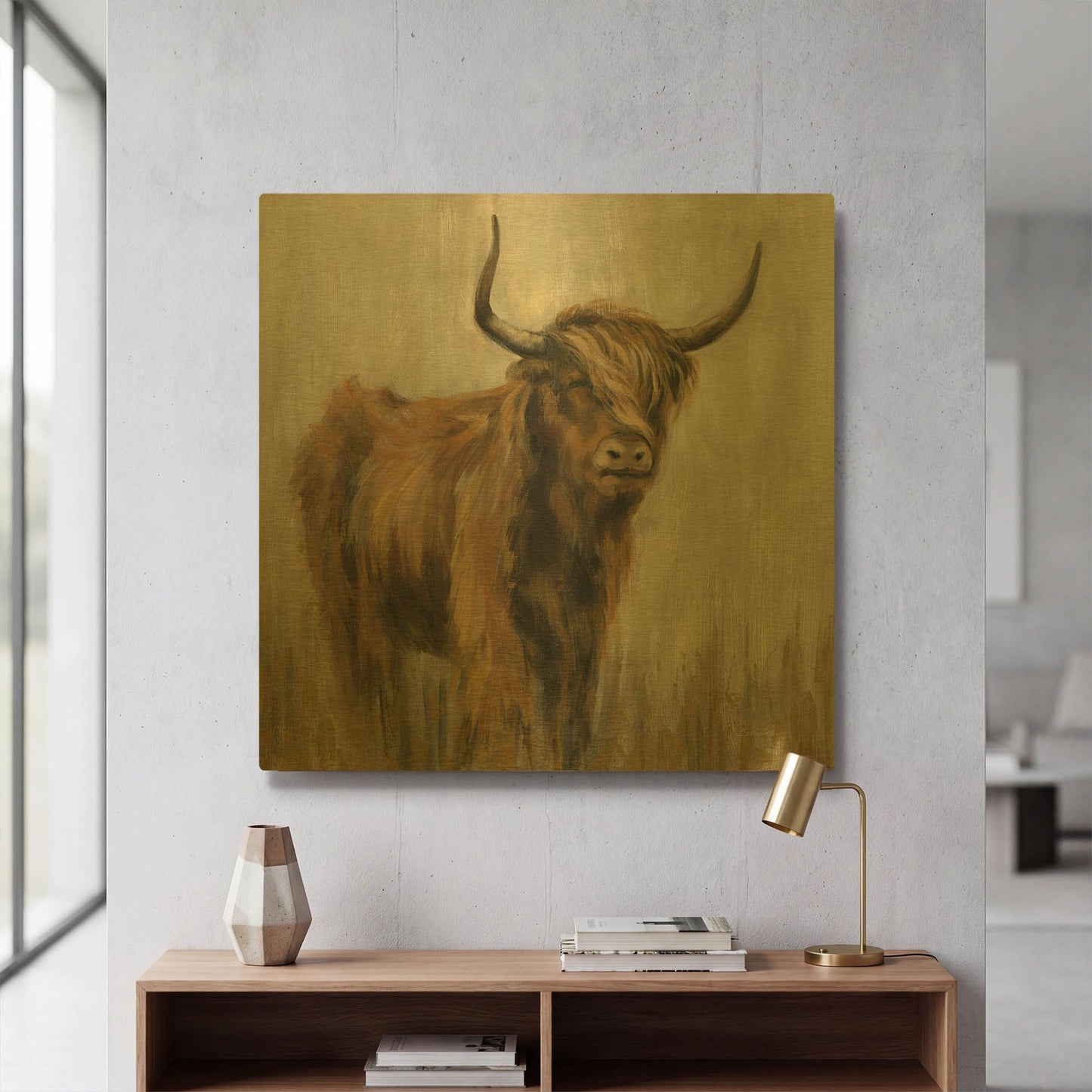 'Highland Mountain Cow' By Silvia Vassileva Gold Metal Wall Art