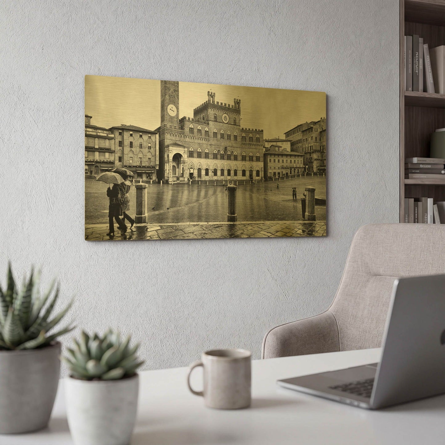 'Umbrella Tourists Siena Bw' By Larry Malvin Gold Metal Wall Art