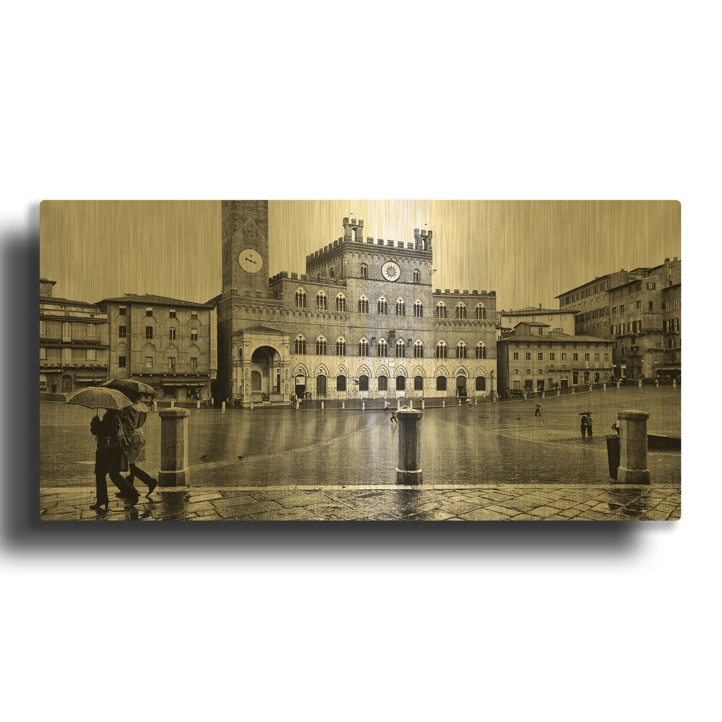 'Umbrella Tourists Siena Bw' By Larry Malvin Gold Metal Wall Art