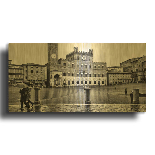 'Umbrella Tourists Siena Bw' By Larry Malvin Gold Metal Wall Art