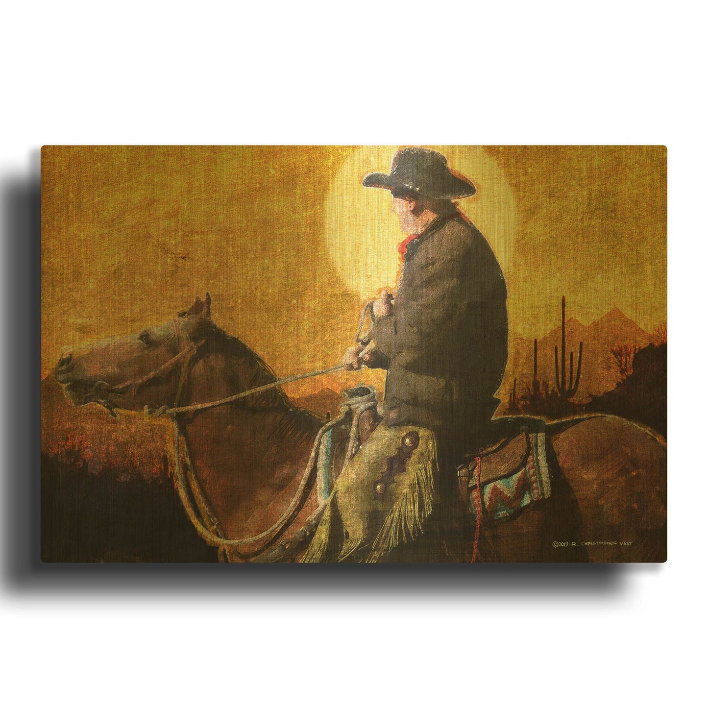'Rough Trail Cowboy' By Chris Vest Gold Metal Wall Art